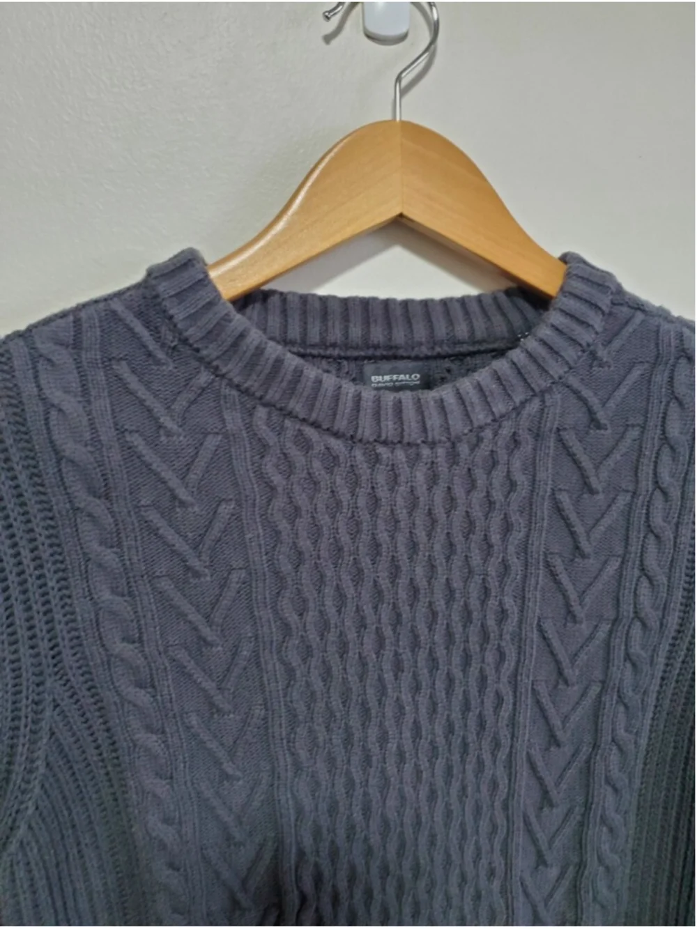 BUFFALO DAVID BITTON Cable Knit Fisherman Sweater Grey Small Crewneck Minimalist